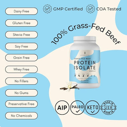 Grass Fed Beef Protein Powder Isolate - AutoimmuniTea, 23g of Paleo Carnivore Protein, Keto Friendly, Grain Free, No Dairy or Soy, No Whey, Stevia Free, Vanilla Flavor - 2lbs of Prime Muscle Building