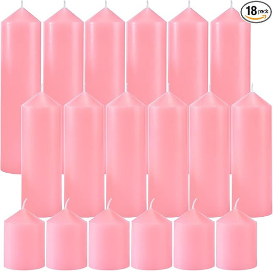 18 Pcs Pink Pillar Candles Bulk Set，Hurricane Candlesï¼? Different Lengths (6 Each)，Dripless Unscented Smokeless，Gives You a Better Atmosphere When Organizing Wedding or Event Party.