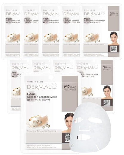 DERMAL Pearl Collagen Essence Facial Mask Sheet 23g Pack of 10 - Clarify Skin, Skin Smooth, Daily Skin Treatment Solution Sheet Mask