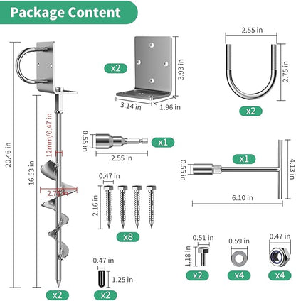 Phopich Multi-Purpose Ground Anchors Screw in, 16in Fully Welded Heavy Duty Trampoline Stakes with Brackets, T-Wrench and Adapter for Drill, Earth Anchor kit for Mobile Home, Trampoline, Shed 2Pack