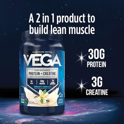 Vega Protein + Creatine - 30g Plant-Based Protein, Chocolate, 13 Servings, 3g Creatine, 5g BCAAs, Vegan, Keto, Gluten Free, Dairy Free, Low Carb, for Muscle Growth & Repair, Drink Mix, 23.4oz