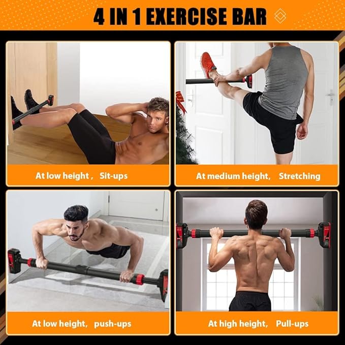 Adjustable Pull Up Bar for Doorway - 440LBS Weight Capacity, No Screws Installation with Level Meter and Auto Lock, Chin Up Bar for Home Gym Strength Training