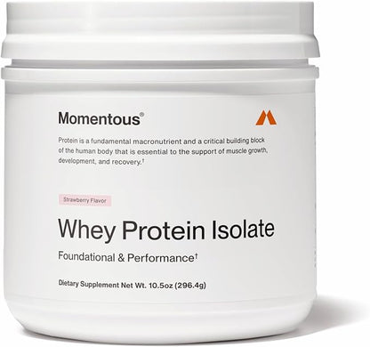 Momentous Essential Grass-Fed Whey Protein Powder - 20 g Whey Isolate Protein - NSF Certified for Sport - Gluten-Free - 12 Servings for Essential Everyday Use - Strawberry - Package May Vary