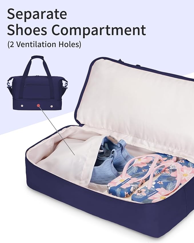 sportsnew Gym Travel Bag for Women, Large Travel Duffel with Shoe Compartment and Wet Pocket, Water Resistant Weekender Overnight Carry on Sports Tote Bags, Navy Blue, patent pending