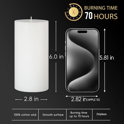 3 Packs Dripless 2.8x6 Inch White Pillar Candles, Unscented Large Wax Cylinder Column Candles for Power Outages Emergency Party Backyard Gathering - 70 Hour Burn Time
