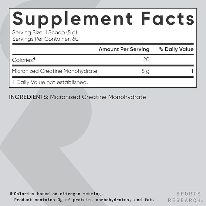 Sports Research Creatine Monohydrate - Gain Lean Muscle, Improve Performance and Strength and Support Workout Recovery - 5 g Micronized Creatine - 10.58 oz