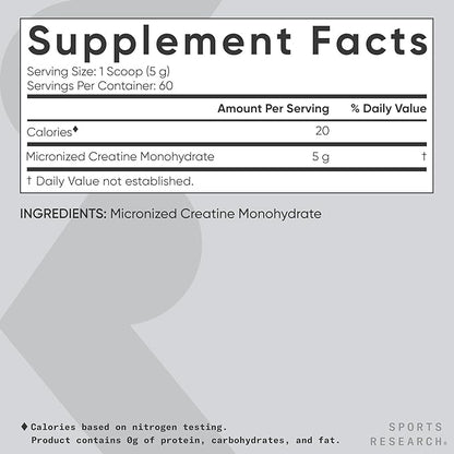 Sports Research Creatine Monohydrate - Gain Lean Muscle, Improve Performance and Strength and Support Workout Recovery - 5 g Micronized Creatine - 10.58 oz