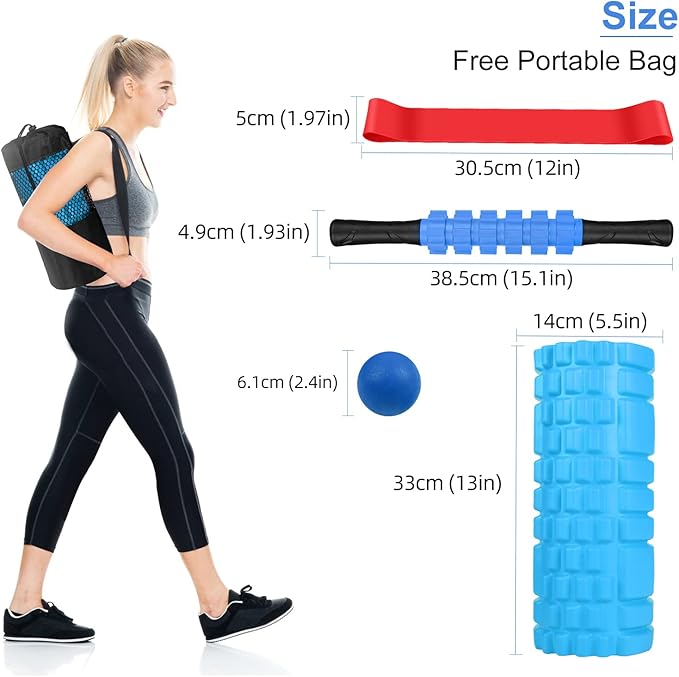 5 in 1 Foam Roller Set Includes Hollow Core Massage Roller, Yoga Stick, Massage Ball, Fitness Stretching Strap, Massage Roller, Carrying Bag, Towel (Blue)