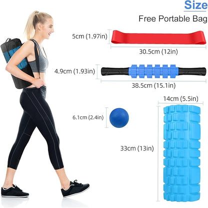 5 in 1 Foam Roller Set Includes Hollow Core Massage Roller, Yoga Stick, Massage Ball, Fitness Stretching Strap, Massage Roller, Carrying Bag, Towel (Blue)