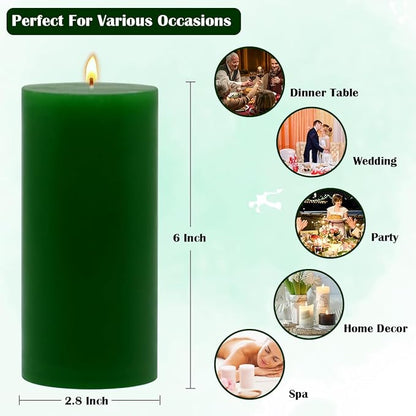 3 Packs 2.8x6 Inch Green Pillar Candles, Unscented Dripless Non-Toxic Smokeless Clean Long Lasting Burning Cylinder Candles for St. Patrick's Day Home Dinner Table Power Outage Emergency