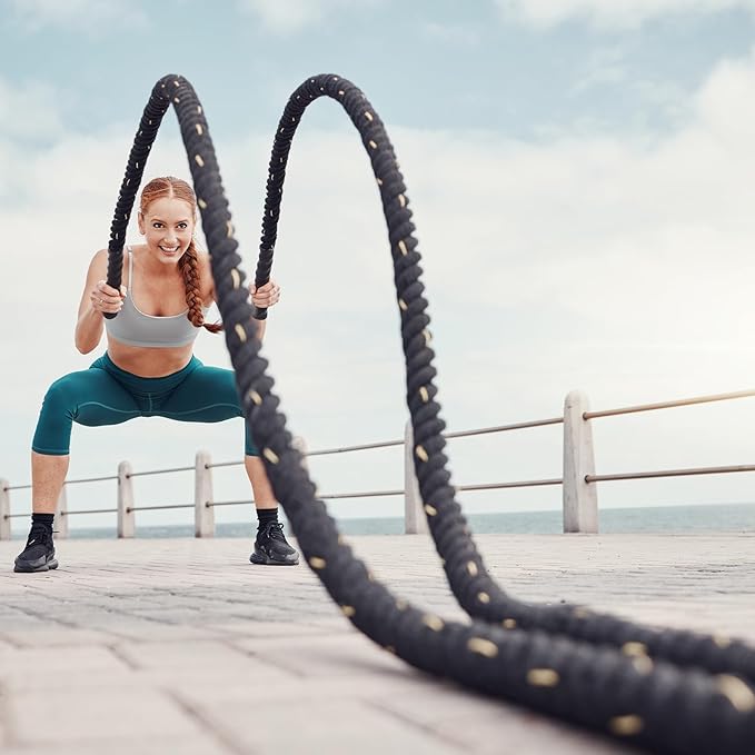 MECCANIXITY Battle Rope 40ft x 1.5 Inch Polyester Workout Rope Heavy Fitness Exercise Rope for Strength Training Home Gym Muscle Building, Black Red