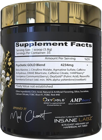 Insane Labz Psychotic Gold, High Stimulant Pre Workout Powder, Extreme Lasting Energy Focus, Pumps and Endurance with Beta Alanine, DMAE Bitartrate, NO Booster (35 Servings, Grape)