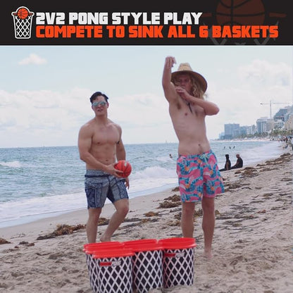 Giant Yard Pong and Basketball Game with 12 Buckets, 2 Balls, Carrying Bag, and Air Pump – Outdoor Game for Lawn, Backyard, Beach, and Parties