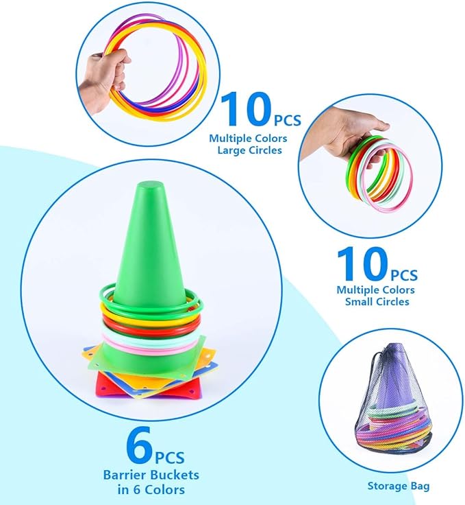 OBTANIM 26 Pcs Plastic Colorful Cones Ring Toss Combo Set Outdoor Carnival Games for Kids Adults Birthday Party Throwing Backyard Games