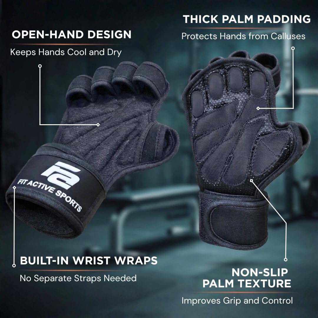 Fit Active Sports Weight Lifting Workout Gloves with Built-in Wrist Wraps for Men and Women - Great