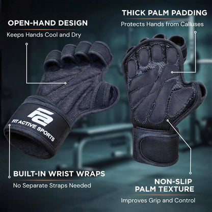 Fit Active Sports Ventilated Weight Lifting Gloves with Built-in Wrist Wraps, Workout Fingerless