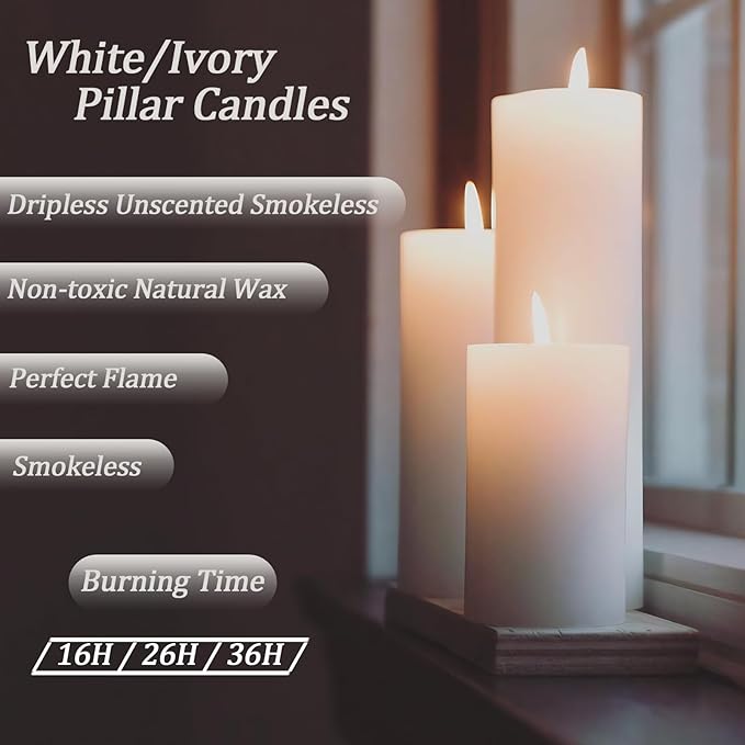 36 Pcs Ivory Pillar Candles Bulk Set，Hurricane Candlesï¼? Different Lengths 2 x 3/4/6 Inch (12 Each)，Dripless Unscented Smokeless，Gives You a Better Atmosphere When Organizing an Event Party.