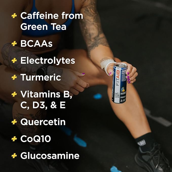 FITAID ENERGY, 200mg Natural Caffeine, Keto, Blackberry Pineapple, Omega-3s, 15 calories, Paleo, Vegan & Gluten-Free, No Artificial Sweeteners, 12-oz. cans (Pack of 12)