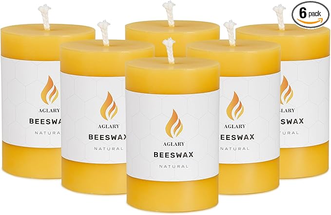 6PCS Beeswax Pillar Candles,Large Handmade Pure Beeswax Candle,Long Lasting Burn Time，Unscented Smokelessï¼? * 3",20H, Raw