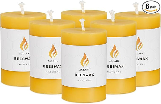 6PCS Beeswax Pillar Candles,Large Handmade Pure Beeswax Candle,Long Lasting Burn Time，Unscented Smokelessï¼? * 3",20H, Raw