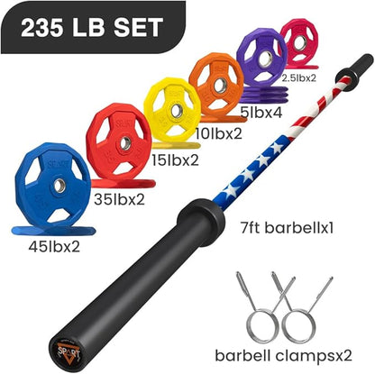 7FT Olympic Barbell Bar with Weight Plate Set Combo, Solid Olympic Bar with Bearings, 700Lbs Capacity Weight Bar for Home Gym Strength Training, Weightlifting, Powerlifting, Fit for 2" Olympic Plates