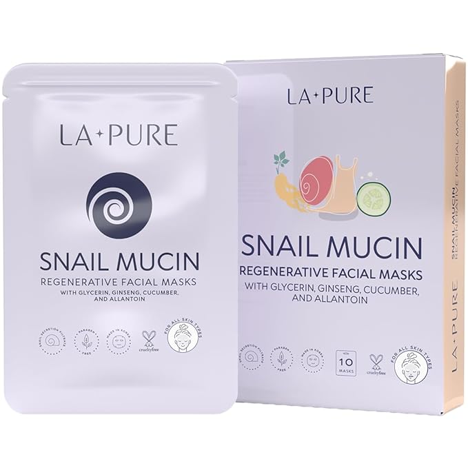 Snail Mucin Mask ??10ct Korean Sheet Mask Pack for Signs of Aging, Aid Skin Repair & Hydration ??Pure Snail Mask for Face with Collagen & Hyaluronic Acid ??Cruelty-Free Hydrating Sheet Mask