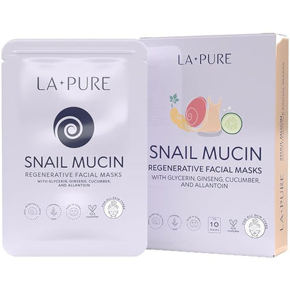 Snail Mucin Mask ??10ct Korean Sheet Mask Pack for Signs of Aging, Aid Skin Repair & Hydration ??Pure Snail Mask for Face with Collagen & Hyaluronic Acid ??Cruelty-Free Hydrating Sheet Mask