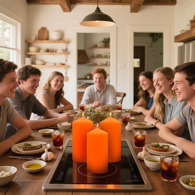 3 Set Different Sizes Orange Colored Pillar Candles, Dripless Unscented 3x4 3x6 3x8 Inch Fall Cylinder Column Wax Candles for Thanksgiving Day Autumn Harvest Home Table Decor Power Outage Emergency