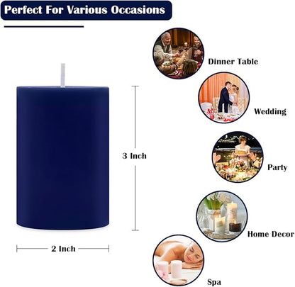4 Packs Unscented 2x3 Inch Navy Blue Pillar Candles, Small Dripless Colored Wax Column Cylinder Candles for Home Garden Camping Dinner Table Decoration - 24 Hours Burning