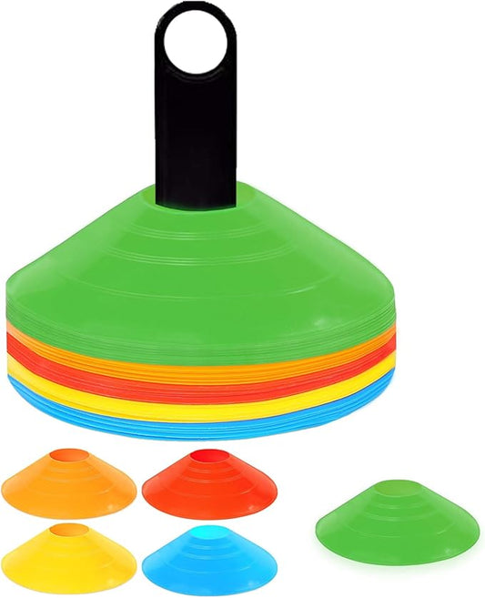 Soccer Cones 100/50/25 Pack with Carry Bag & Holder Five Colors | Agility Disc Cones Set for Training | Sports Practice Equipment for Soccer, Football, Basketball, Coaching & Speed