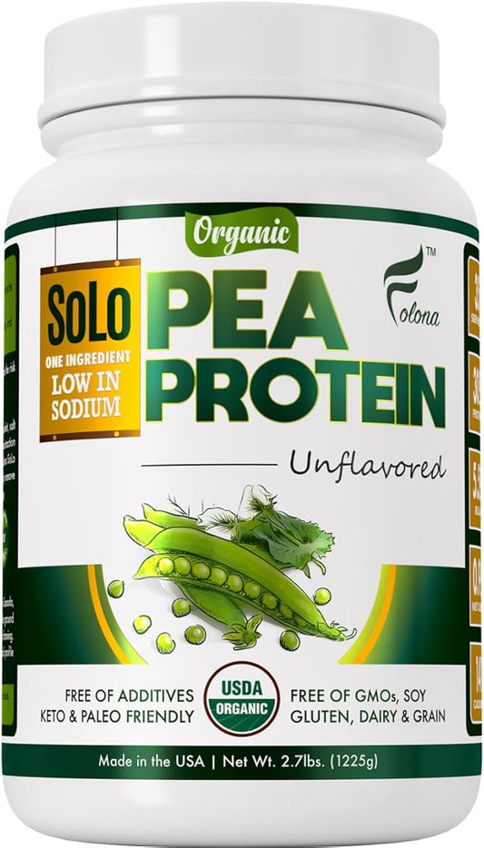 Solo Organic Pea Protein Isolate, Low in Sodium, Canada Grown Peas, 100% Vegan, Non-GMO, Unflavored Plant Based Protein Powder with BCAA, Keto & Paleo Friendly, Easy to Digest, No Additives (2.7 lbs)