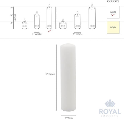 Royal Imports Pillar Candles White Unscented Premium Wax, 60 Hours Burning for Wedding, Spa, Party, Birthday, Holiday, Bath, Home Decor - 2"x9" Inch - Set of 12