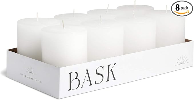 Mottled Pillar Candles by Bask - Set of 8-3" x 4" Dripless Unscented Candles in White for Home Decor, Relaxation & All Occasions