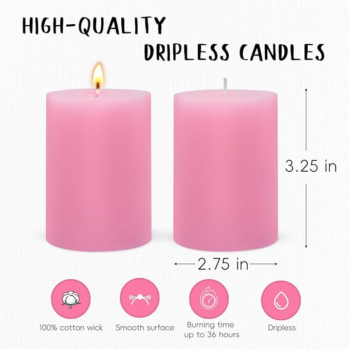6 Packs 2.75x3.25 Inch Pink Pillar Candles, Unscented Dripless Non-Toxic Pastel Colored Smokeless Clean Long Lasting Burning Cylinder Candles for Home Dinner Table Decoration Power Outage Emergency