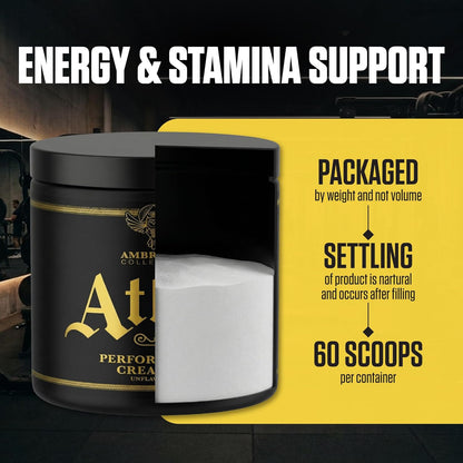 Ambrosia Atlas Creatine Monohydrate Powder | Creapure + Acetic Acid for Enhanced Absorption | Strength, Endurance & Recovery Support | Unflavored | 60 Servings