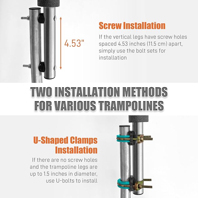 2PCS Trampoline Curved Poles, Universal Trampoline Replacement Enclosure Poles to Fit 8-16FT Curved Pole Frame, Includes Foam Sleeve and Hardware with 2 Installation Options