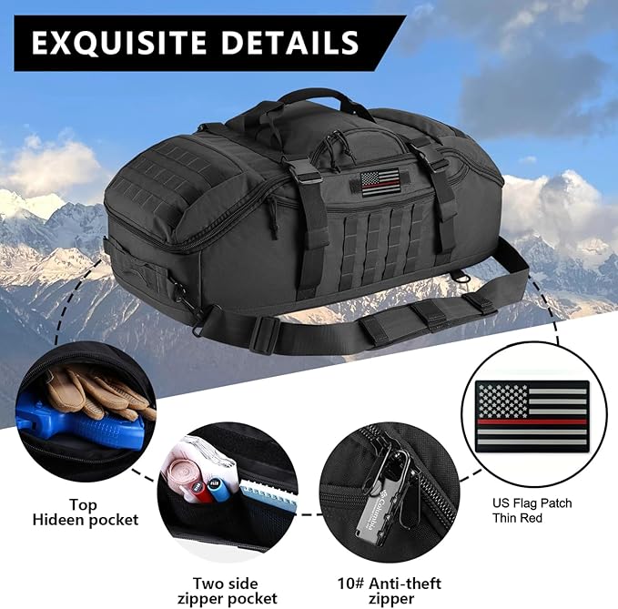 65L Large Duffle Bag, 3-in-1 Tactical Backpack MOLLE Pack for Workout, Sports, Gym, Outdoor, Black Red Patch
