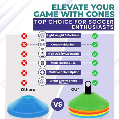 Soccer Cones 100/50/25 Pack with Carry Bag & Holder Five Colors | Agility Disc Cones Set for Training | Sports Practice Equipment for Soccer, Football, Basketball, Coaching & Speed