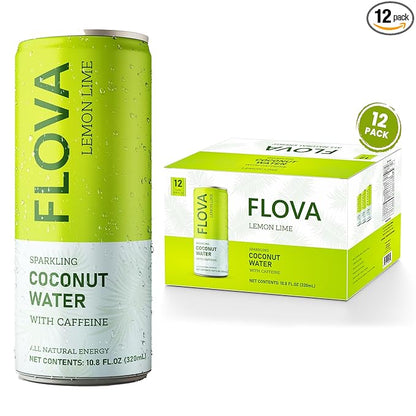 Flova Lemon Lime Energy Drink, All Natural, Electrolytes and Minerals from Coconut Water, 4 Simple Easy to Pronounce Ingredients, 99% Juice, Pack of 12 Cans