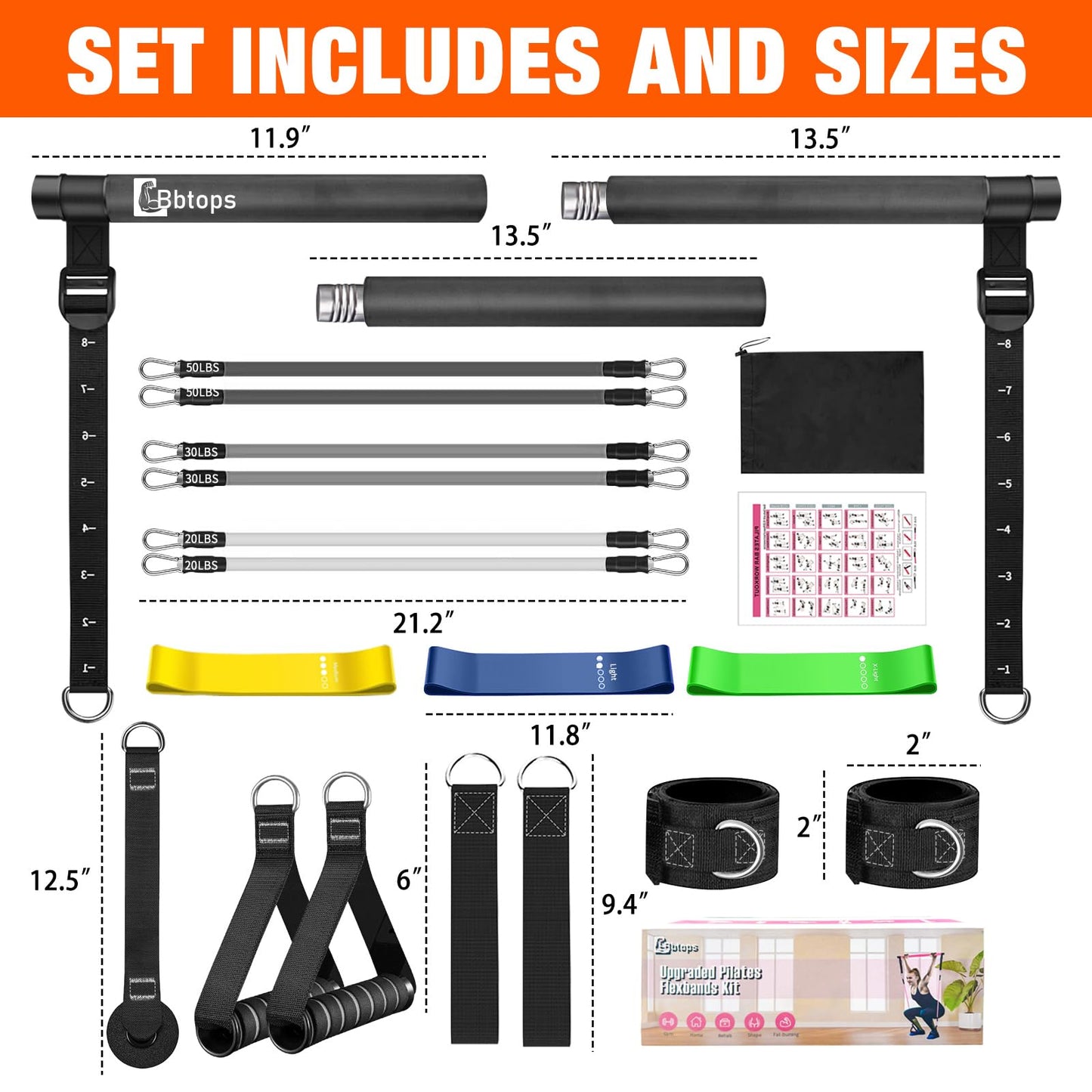 Bbtops Pilates Bar Kit with 6 Resistance Bands for Men Women, Black