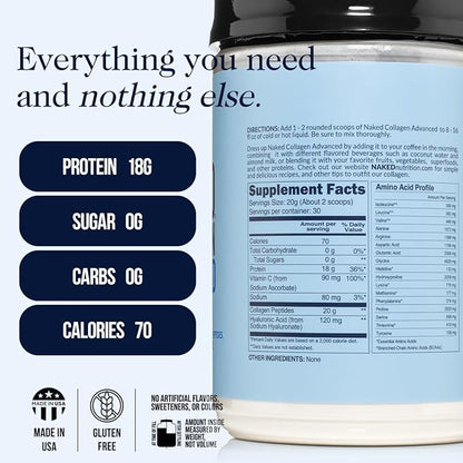 NAKED Collagen Advanced - Peptides Protein Powder, Hyaluronic Acid, Vitamin C, Pasture-Raised, Grass-Fed Hydrolyzed Collagen Supplement, Paleo Friendly, Non-GMO, Keto, Gluten Free, 21oz - 30 Servings