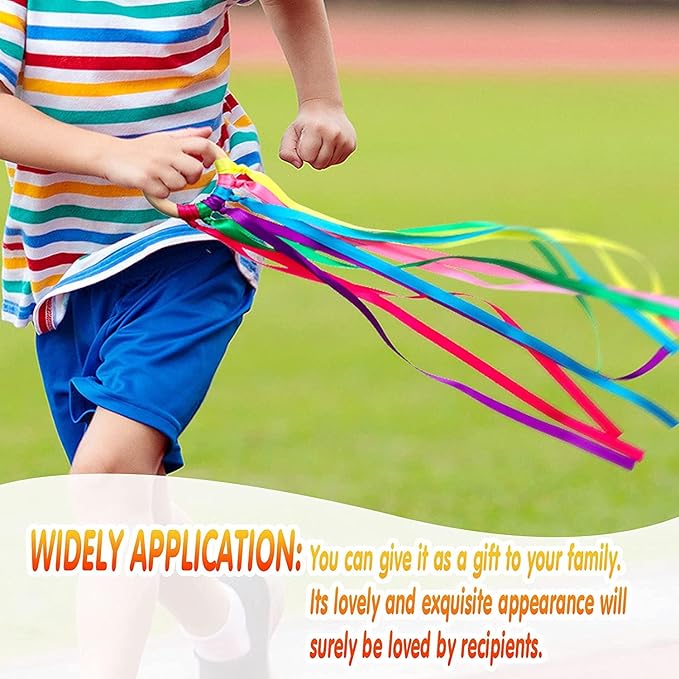 12 Pcs Rainbow Ribbon Wooden Waldorf Toys Creative Waldorf Hand Kite Set Streamers with Wood Ring Sensory Learning Educational Toy for Playroom Dancing Birthday (Bright Color)