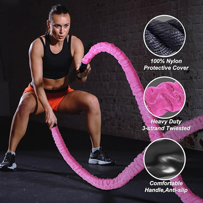Battle Rope 1/1.26/1.5/2 Inch Diameter,Pink 30FT/40FT/50FT Exercise Workout Ropes for Home Gym Heavy Weighted Training Rope for Working Out