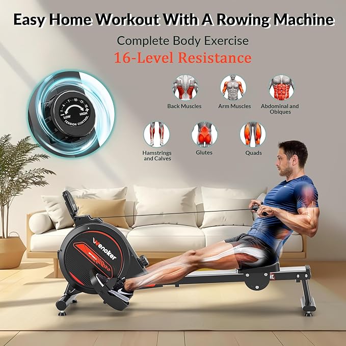 Rowing Machine,Wenoker Magnetic Rower Machine for Home,App Supported 350 LB Weight Capacity, Smooth Whisper Quiet with LCD Monitor Tablet Holder & Comfortable Seat Cushion, Compact and Saves Space