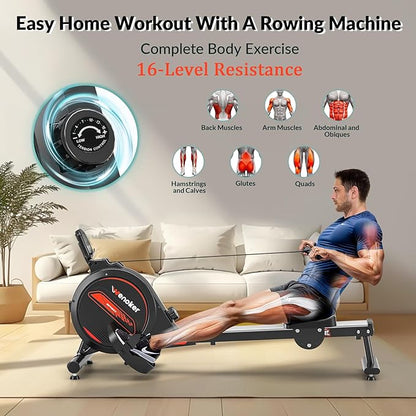 Rowing Machine,Wenoker Magnetic Rower Machine for Home,App Supported 350 LB Weight Capacity, Smooth Whisper Quiet with LCD Monitor Tablet Holder & Comfortable Seat Cushion, Compact and Saves Space