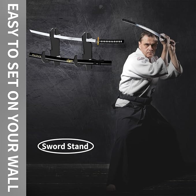 TRINENOX Sword Stand, Sword Wall Mount, Sword Hook, Sword Hanger Rack, Wall Mount Sword Hook, Acrylic Samurai Sword Display Holder for Katana Tanto Genji Wakizashi Sword Hanger Rack (1 Pair Black)