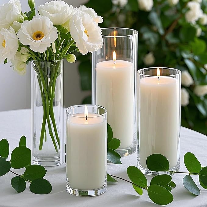24 PCS White Pillar Candles with Glass Candle Holders Clear Hurricane Candle Holders Glass Cylinder Vases for Centerpieces Wedding Party, Event, Home Office (12 Candles+12 Candle Hoders)