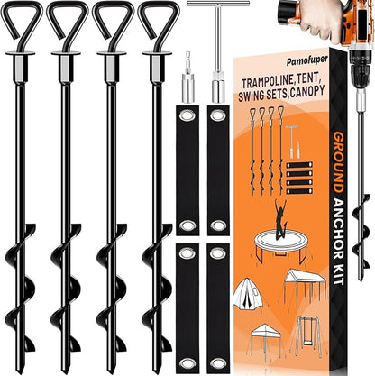 Trampoline Stakes Ground Anchors Screw in Tent Stakes Heavy Duty for High Winds, Trampoline Anchors with Straps, Canopies, Carports, Sheds, Swing Sets,Mobile Home 14in Ground Anchors