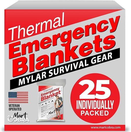 Mart Cobra Emergency Blanket 25-Pack Space Mylar Blankets Survival Gear and Supplies Reusable