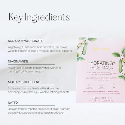 Karuna - Hydrating+ Facial Mask for Well-Moisturized & Hydrated Skin, Glow-Enhancing Facial Skin Care Products, Hydrating Face Masks with Natto, Niacinamide & Sodium Lactate, 1 Pack